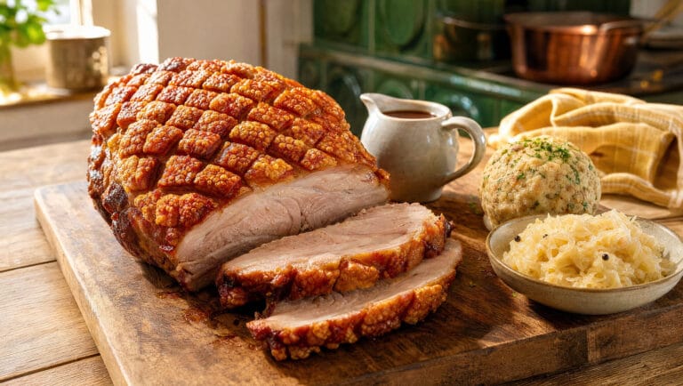 Schweinebraten mit rautig eingeschnittener Kruste auf einem Holzbrett, daneben Knödel, Sauerkraut und Soße
