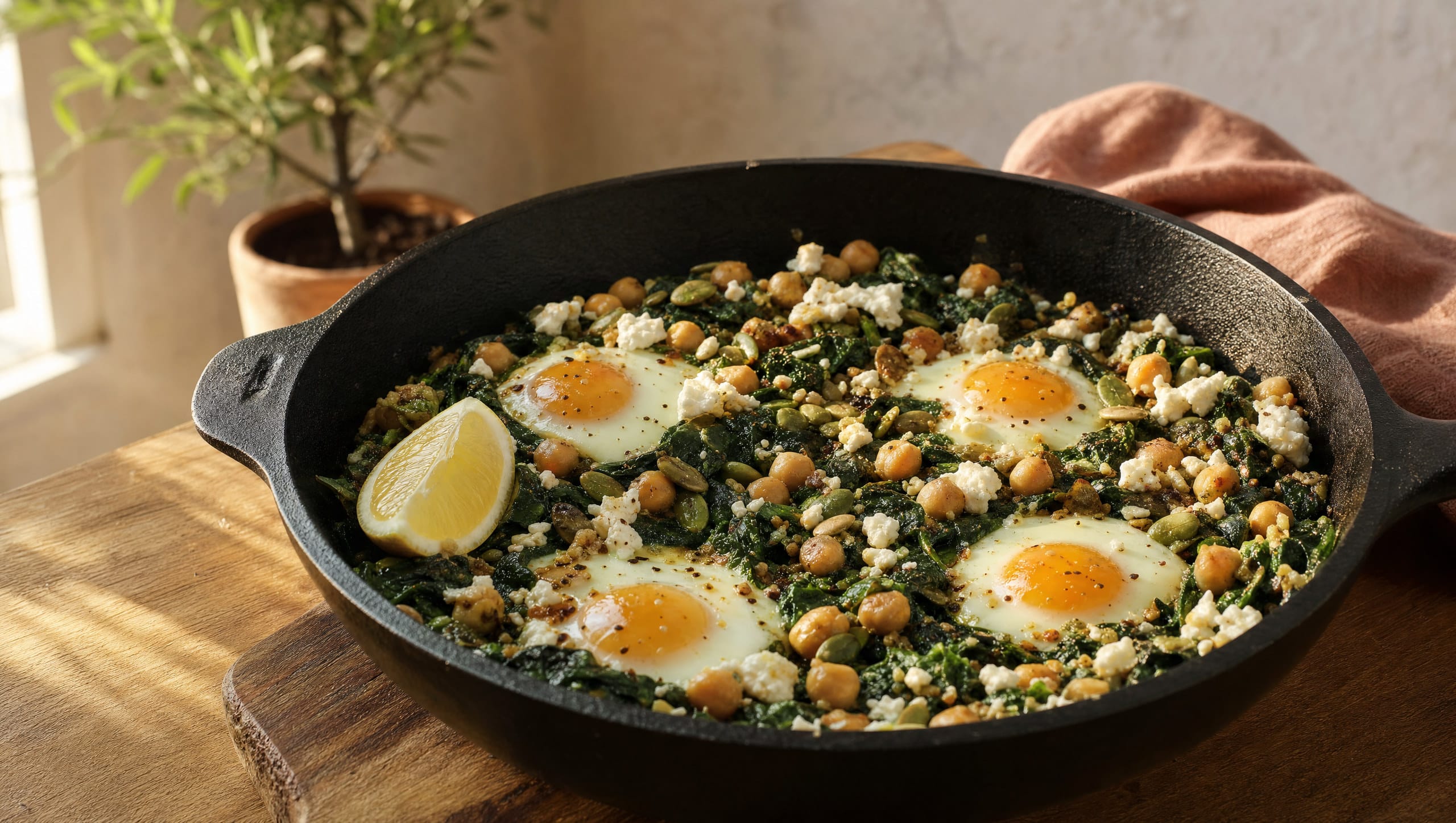 Spinatpfanne mit Kichererbsen, Ei und Kürbiskernen Gusseiserne Pfanne mit Spinat, Kichererbsen, vier gebackenen Eiern, Feta und Kürbiskernen